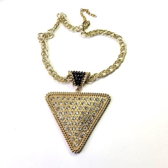 Gold and Crystal Triangular Pendant Bib Choker Necklace - Picture 4 of 13